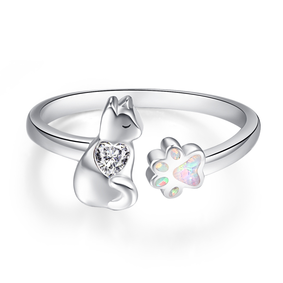 Sterling Silver Cubic Zirconia Cat & Paw Open Ring-1