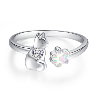 Sterling Silver Cubic Zirconia Cat & Paw Open Ring-34