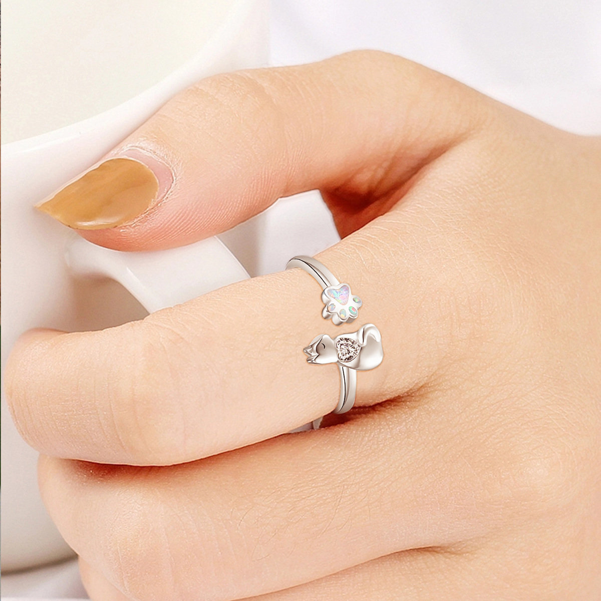 Sterling Silver Cubic Zirconia Cat & Paw Open Ring-4