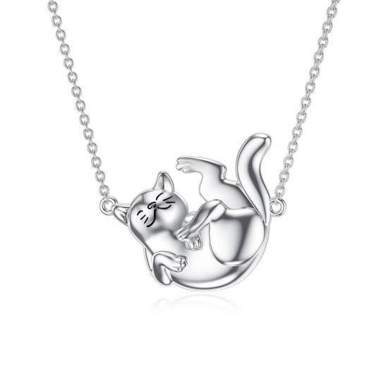 Sterling Silver Cat Pendant Necklace with 14K White Gold Plated