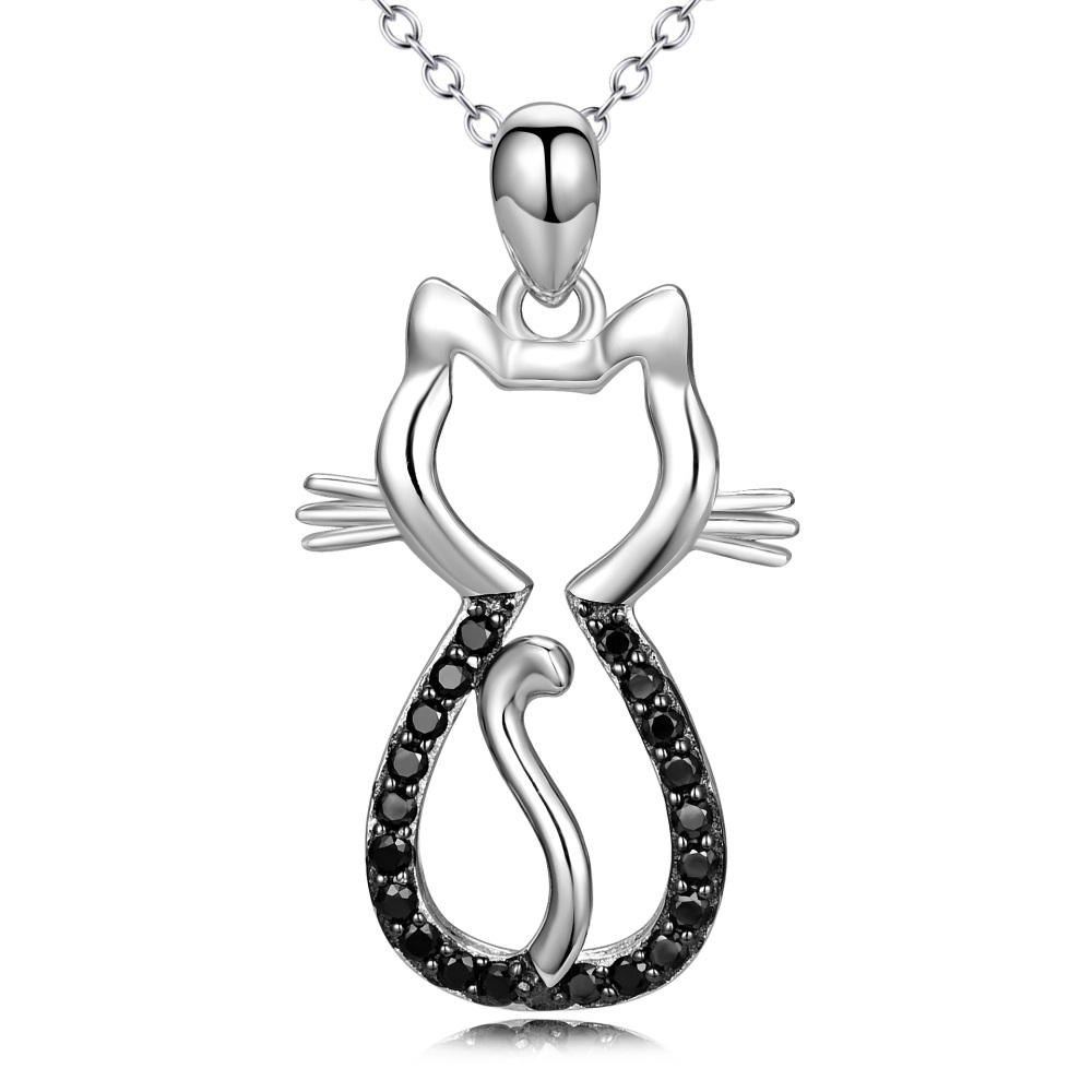 Sterling Silver Cubic Zirconia Cat Pendant Necklace-1