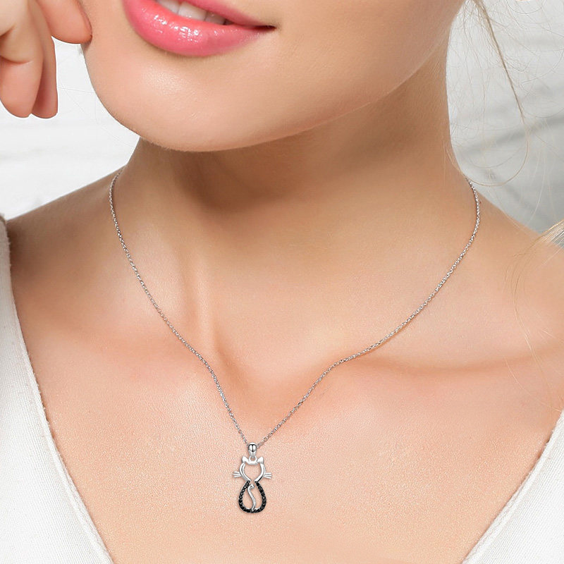 Sterling Silver Cubic Zirconia Cat Pendant Necklace-2