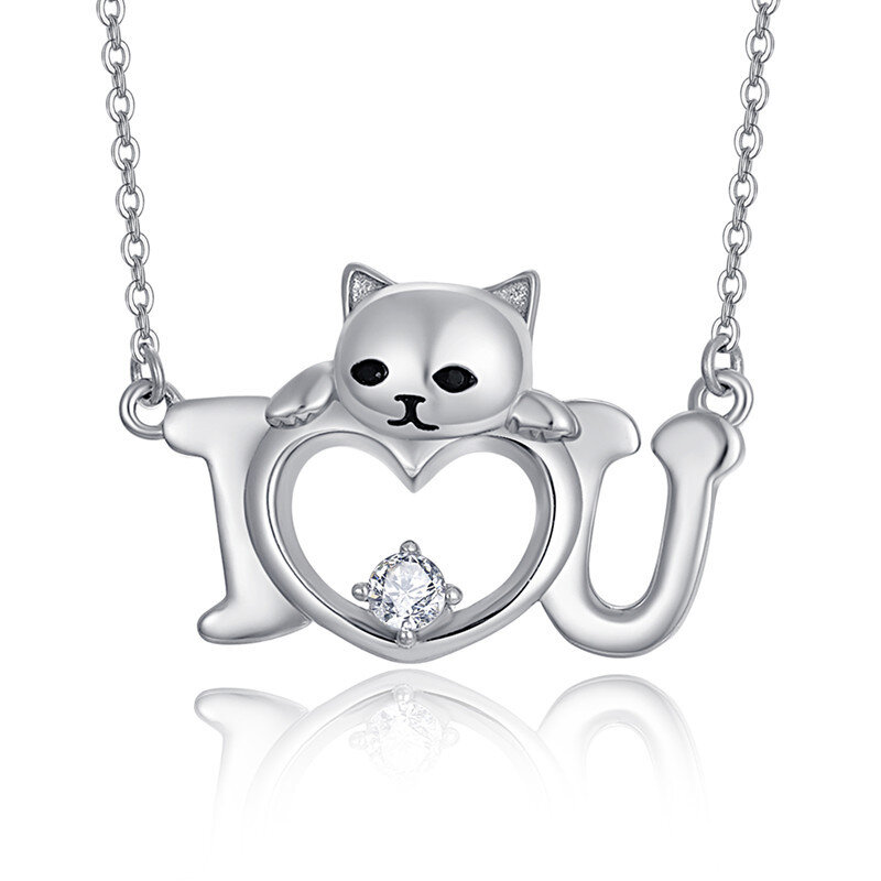 Sterling Silver Cubic Zirconia Cat Pendant Necklace-1