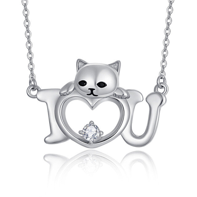 Collana con ciondolo gatto in argento sterling con zirconi cubici-1