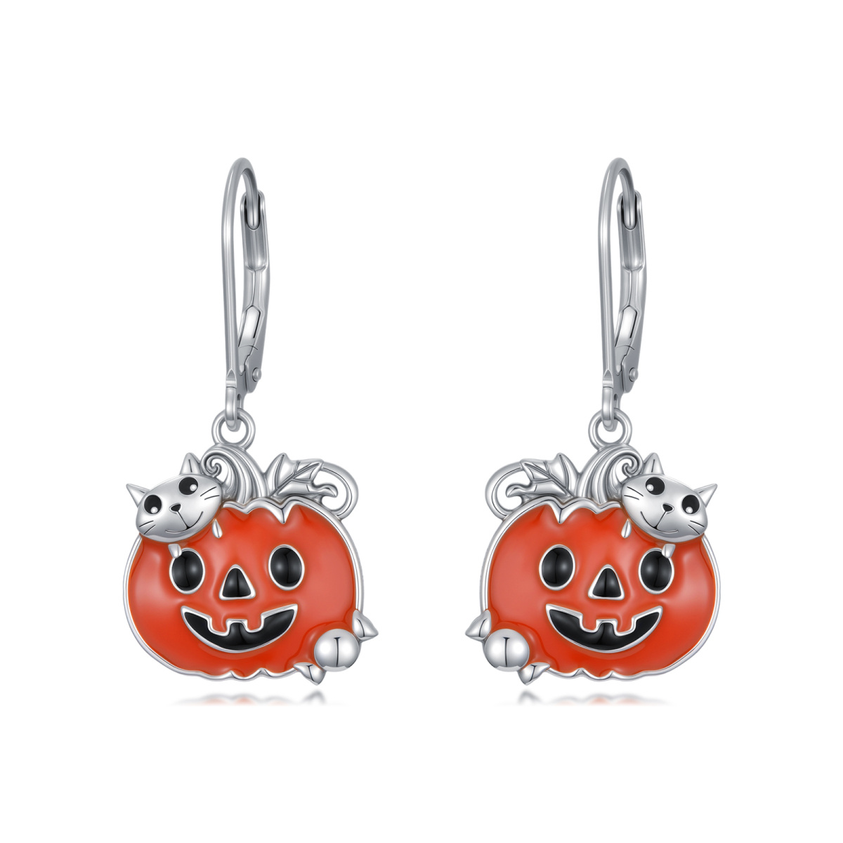 Sterling Silver Cat & Pumpkin Drop Earrings-1