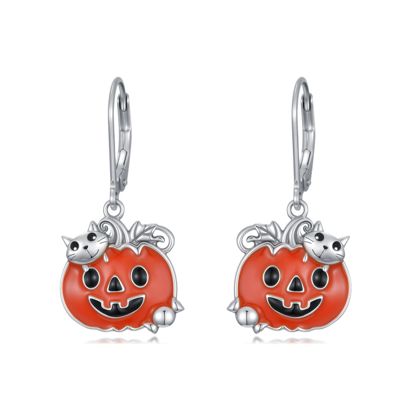 Sterling Silver Cat & Pumpkin Drop Earrings-3