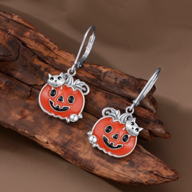 Sterling Silver Cat & Pumpkin Drop Earrings-3