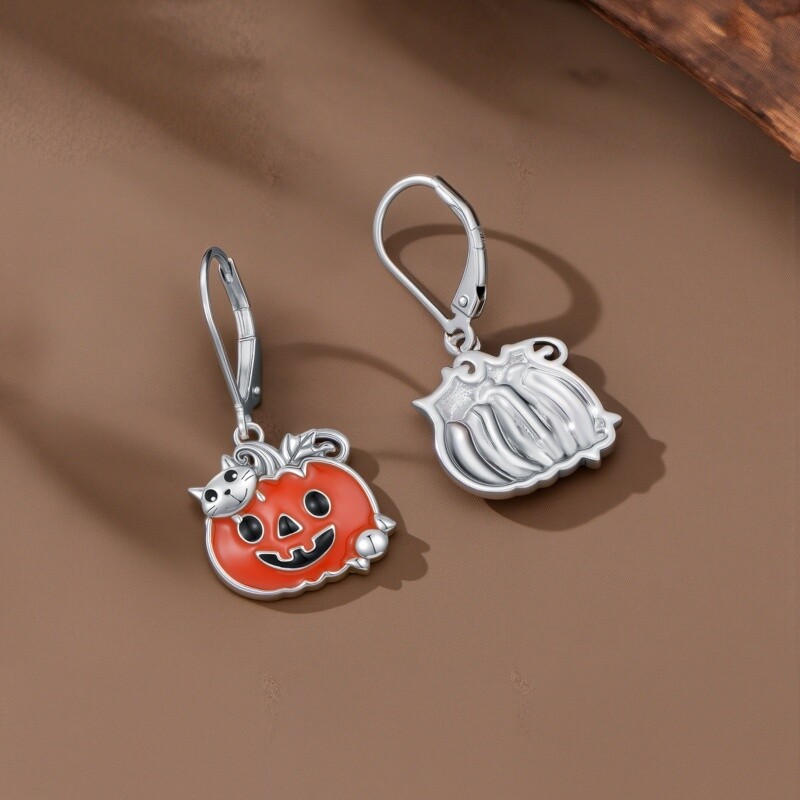 Sterling Silver Cat & Pumpkin Drop Earrings-4