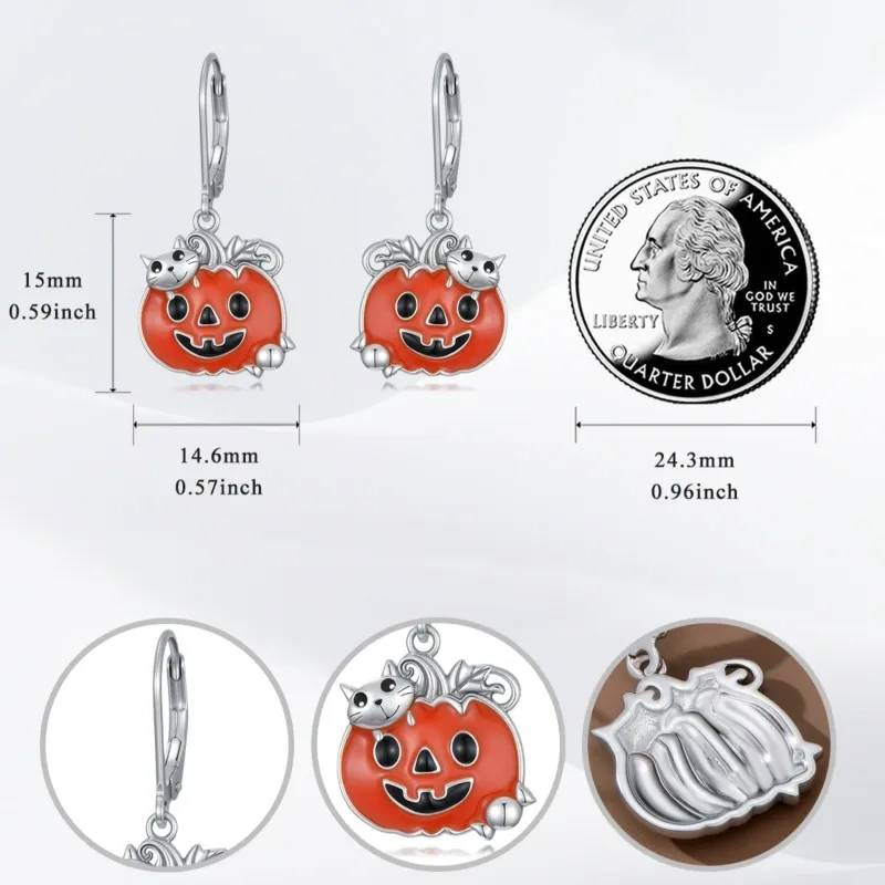 Sterling Silver Cat & Pumpkin Drop Earrings-5