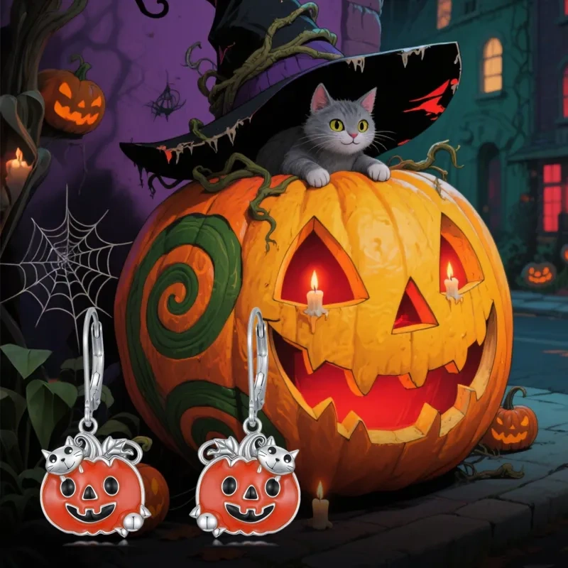 Sterling Silver Cat & Pumpkin Drop Earrings-6