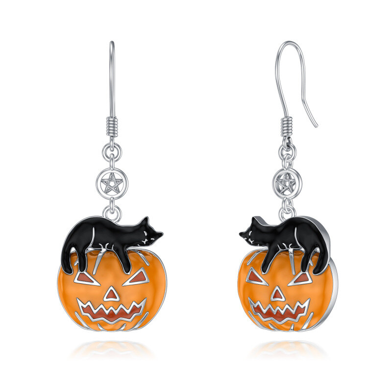 Sterling Silver Cat & Pumpkin Drop Earrings-1