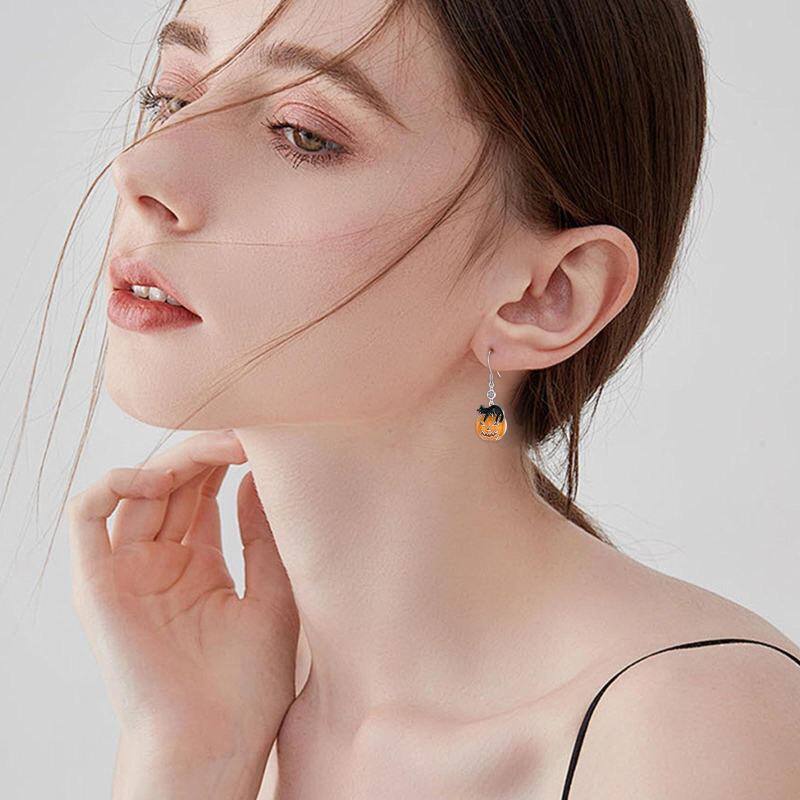 Sterling Silver Cat & Pumpkin Drop Earrings-2