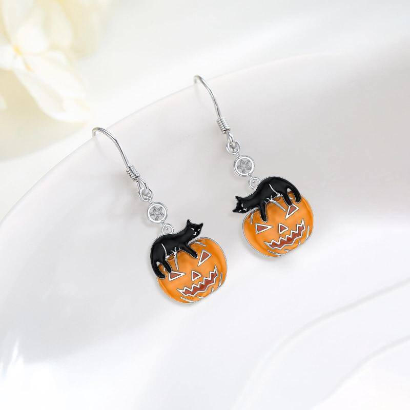 Sterling Silver Cat & Pumpkin Drop Earrings-4
