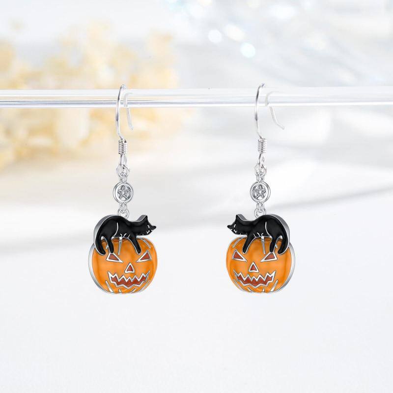 Sterling Silver Cat & Pumpkin Drop Earrings-5