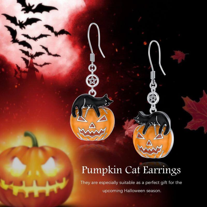 Sterling Silver Cat & Pumpkin Drop Earrings-6