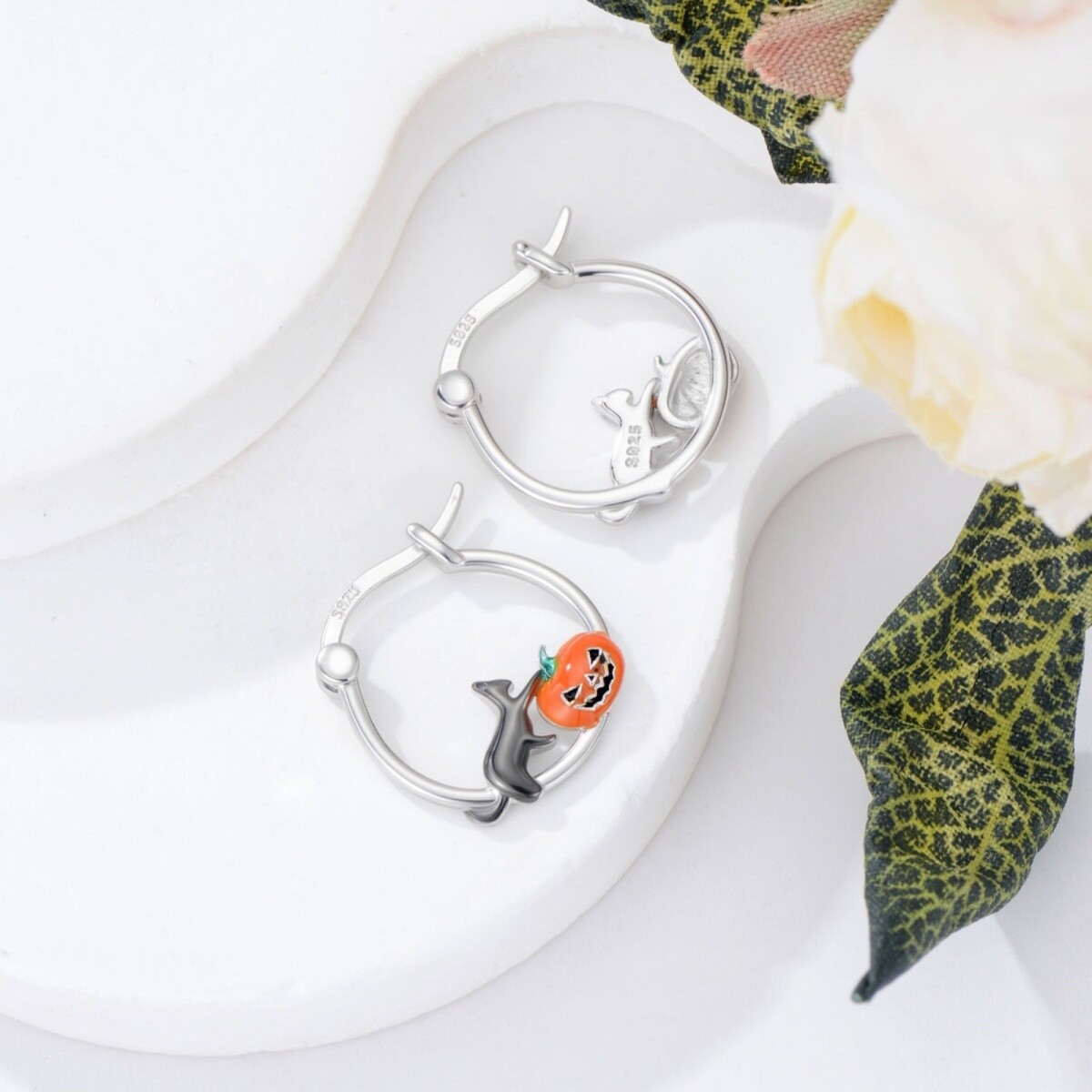Sterling Silver Cat & Pumpkin Hoop Earrings-3