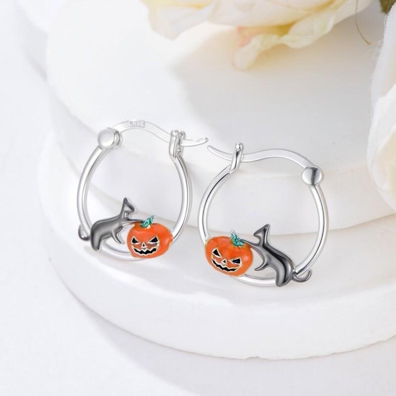 Sterling Silver Cat & Pumpkin Hoop Earrings-4