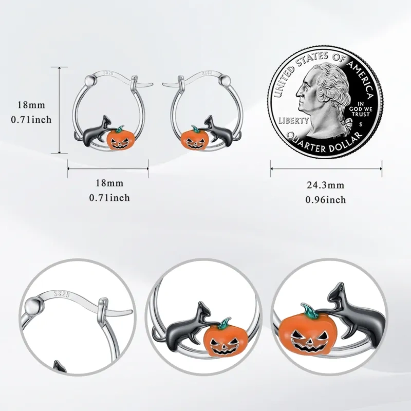 Sterling Silver Cat & Pumpkin Hoop Earrings-5