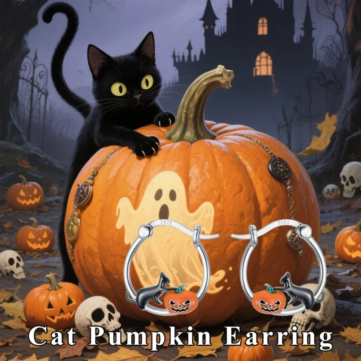 Sterling Silver Cat & Pumpkin Hoop Earrings-6