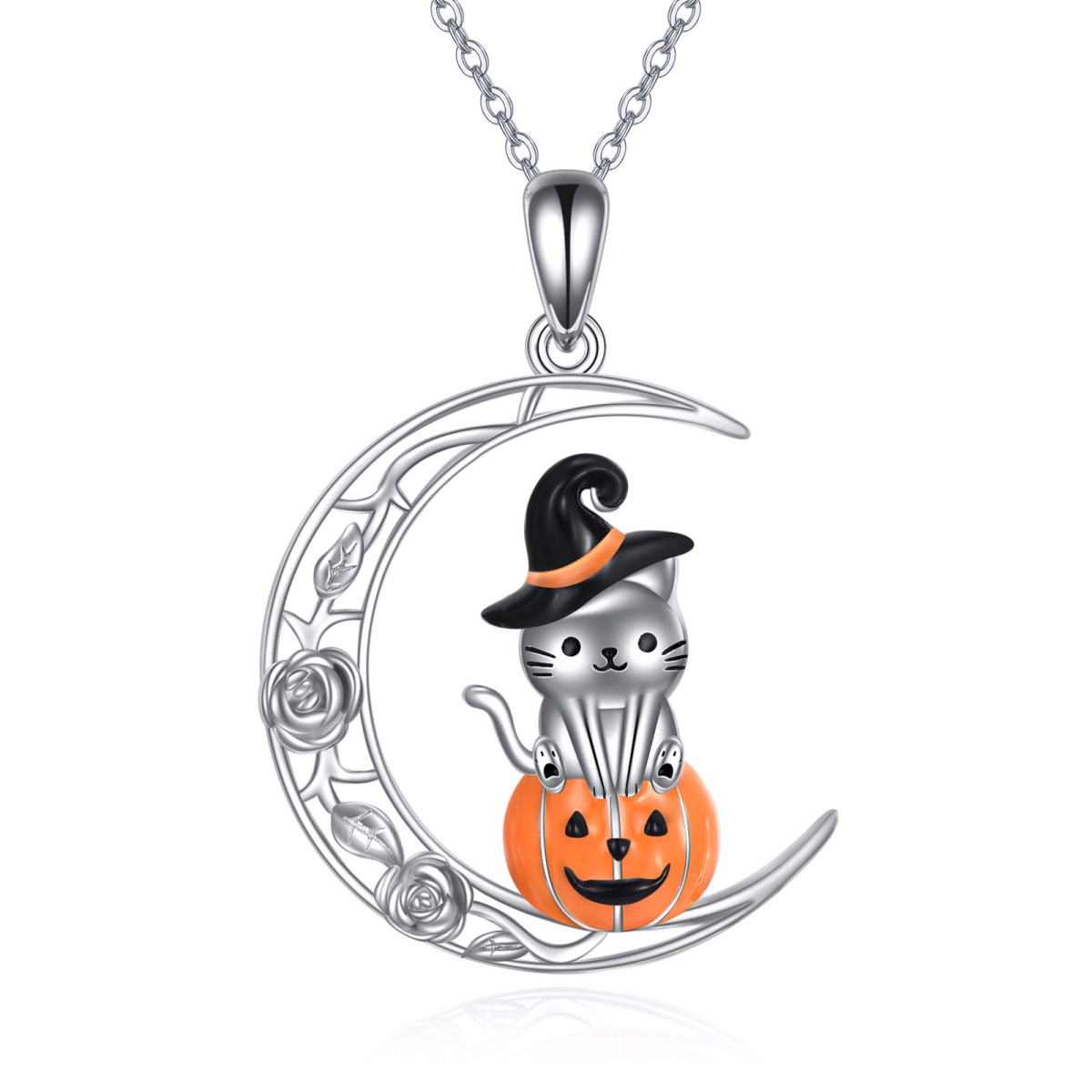 Collar con colgante de gato y calabaza de plata de ley con luna para mujer-1