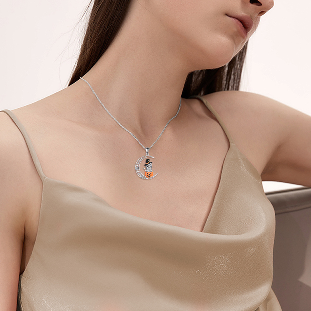 Sterling Silver Cat & Pumpkin With Moon Pendant Necklace For Women-2