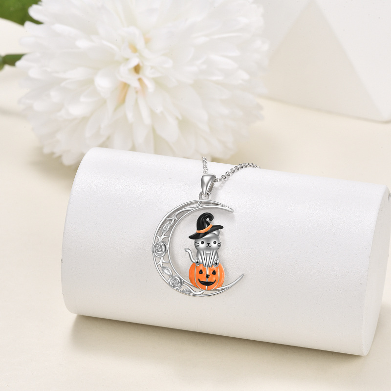 Sterling Silver Cat & Pumpkin With Moon Pendant Necklace For Women-3