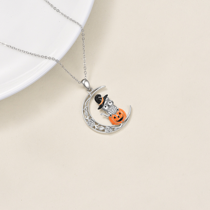 Sterling Silver Cat & Pumpkin With Moon Pendant Necklace For Women-4