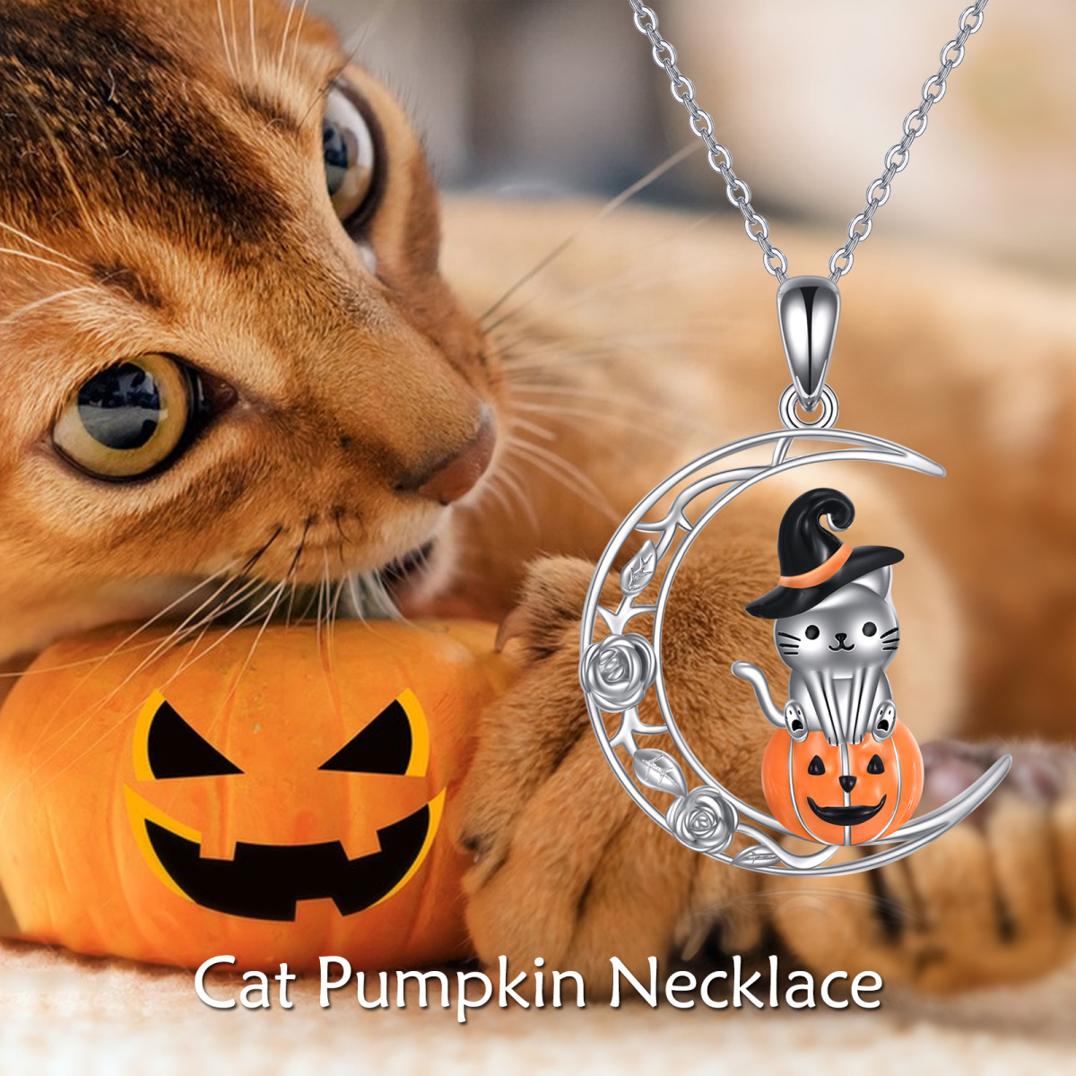 Collar con colgante de gato y calabaza de plata de ley con luna para mujer-5