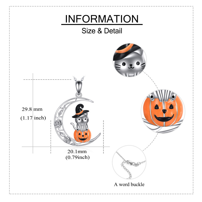 Sterling Silver Cat & Pumpkin With Moon Pendant Necklace For Women-6