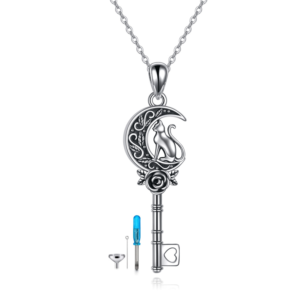 Sterling Silver Cat Rose And Key Urn Necklace For Ashes-1