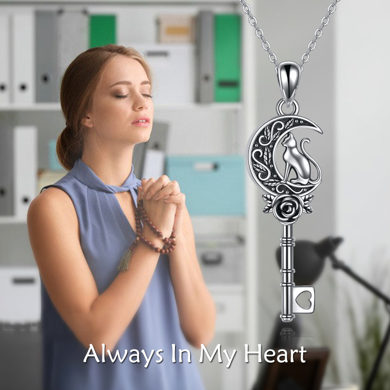 Sterling Silver Cat Rose And Key Urn Necklace For Ashes-3