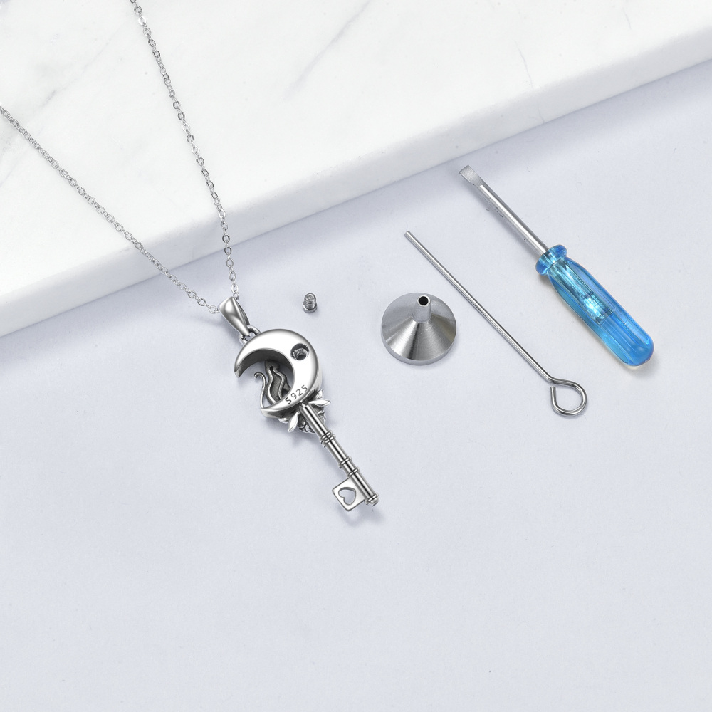 Sterling Silver Cat Rose And Key Urn Necklace For Ashes-5