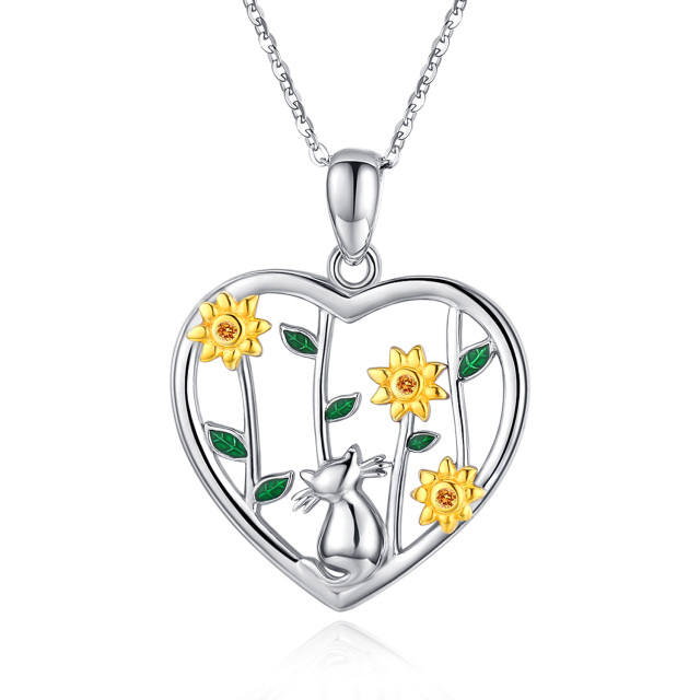 Sterling Silber Cubic Zirkonia Katze & Sonnenblume Anhänger Halskette-1