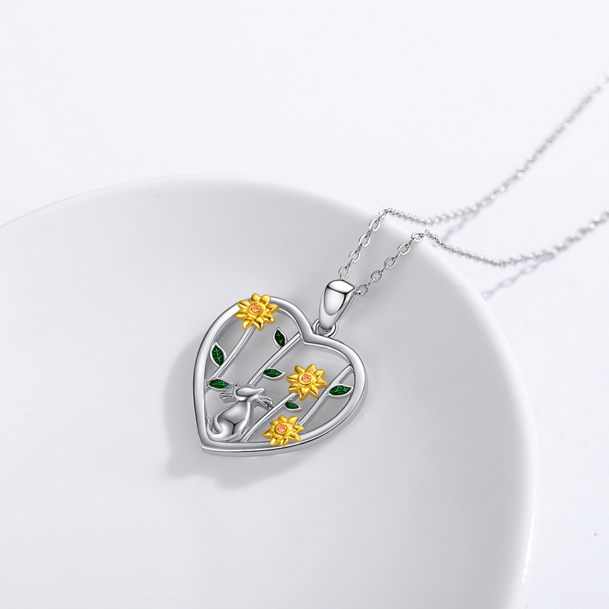 Sterling Silber Cubic Zirkonia Katze & Sonnenblume Anhänger Halskette-3