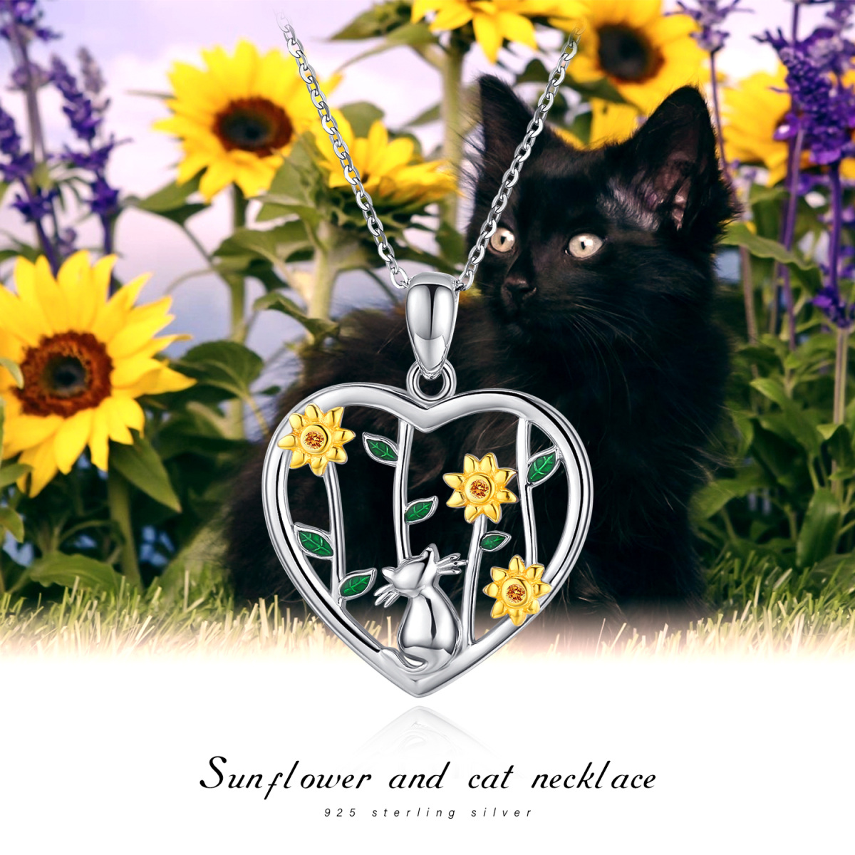 Collier en argent sterling avec pendentif chat et tournesol en zircon cubique-5