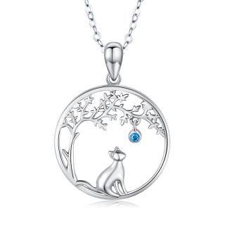 Sterling Silver Cubic Zirconia Cat & Tree Of Life Pendant Necklace-3