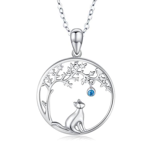 Sterling Silver Cubic Zirconia Cat & Tree Of Life Pendant Necklace-2