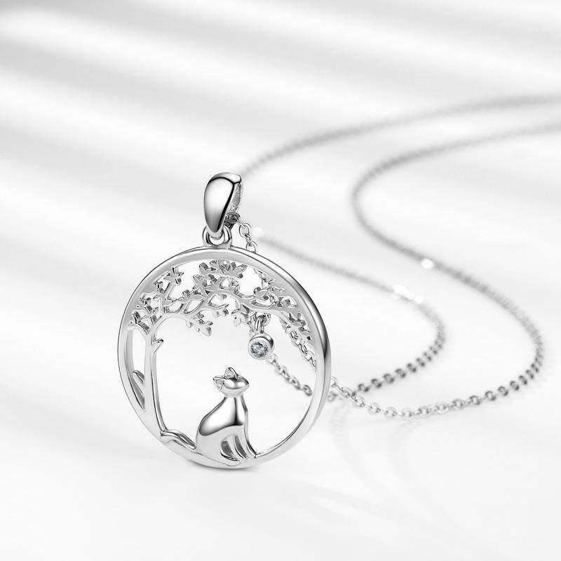 Collier en argent sterling avec pendentif chat et arbre de vie en zircon cubique-4