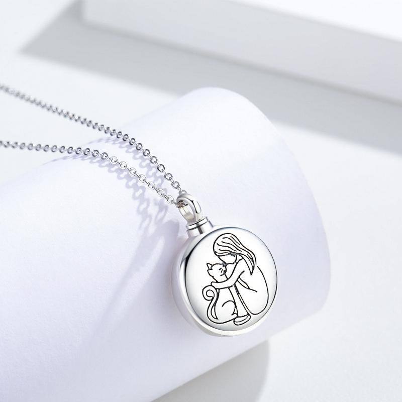 Sterling Silver Cat Urn Necklace for Ashes with Engraved Word-4