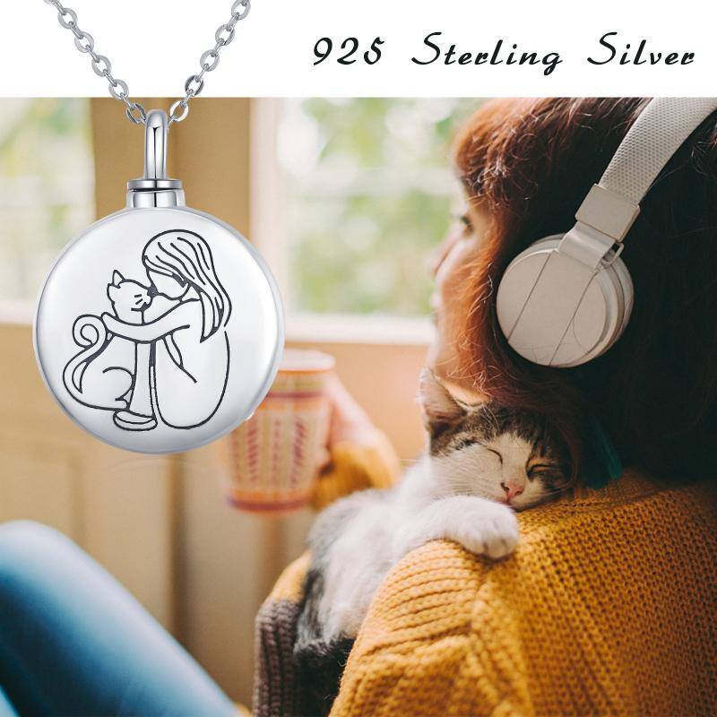 Sterling Silver Cat Urn Necklace for Ashes with Engraved Word-6