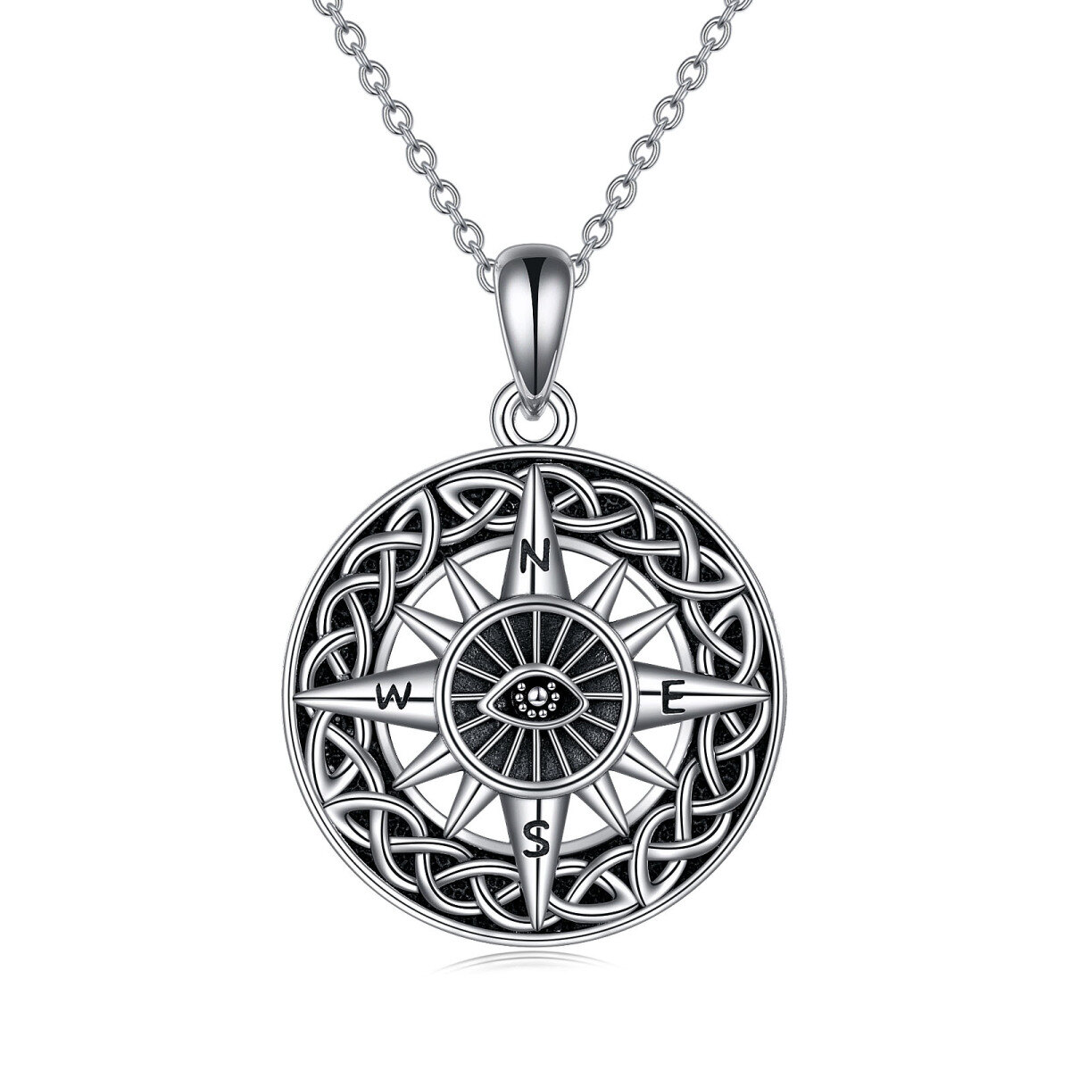 Sterling Silver Celtic Knot & Compass & Evil Eye Pendant Necklace-1