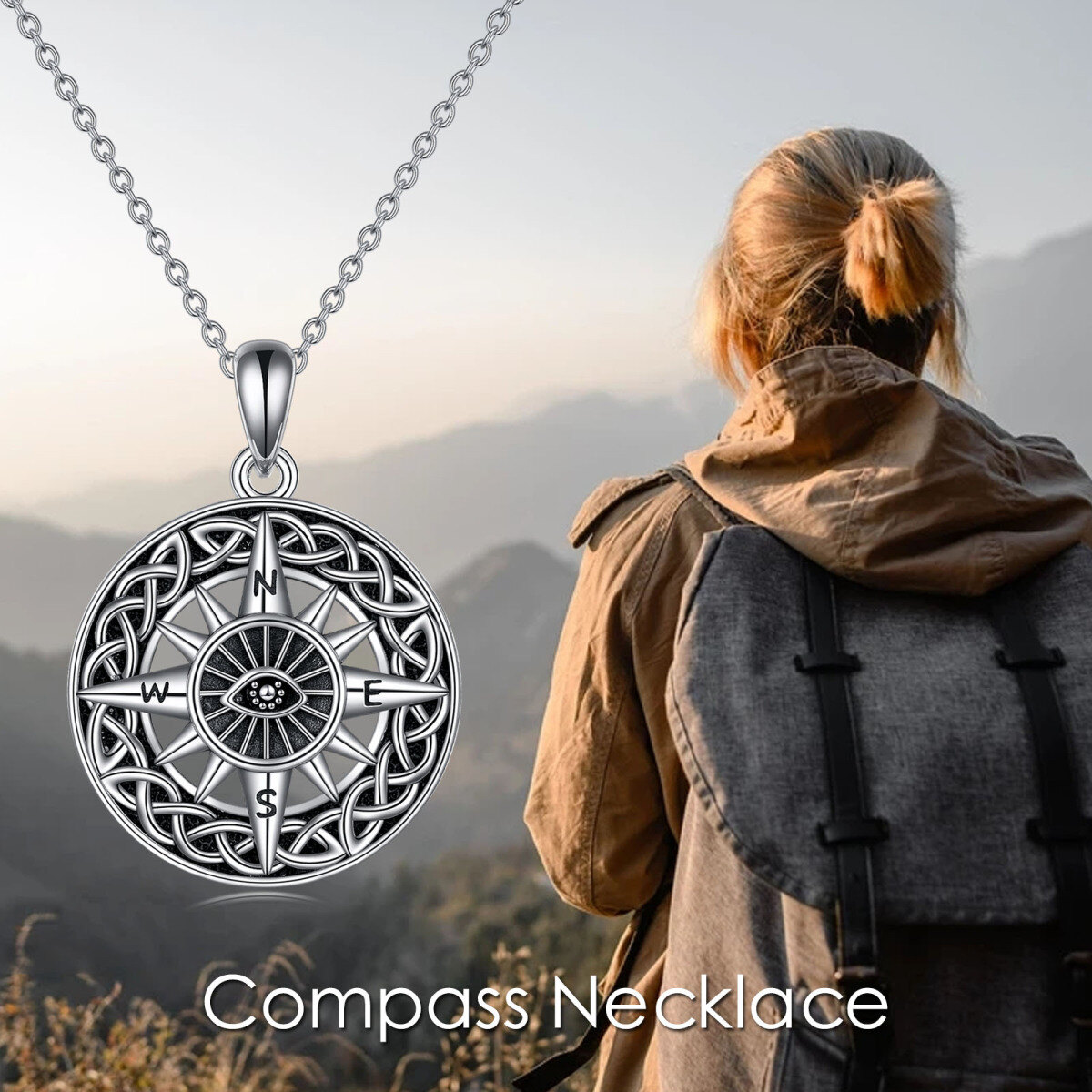 Collier en argent sterling avec nœud celtique, boussole et pendentif mauvais oeil-6