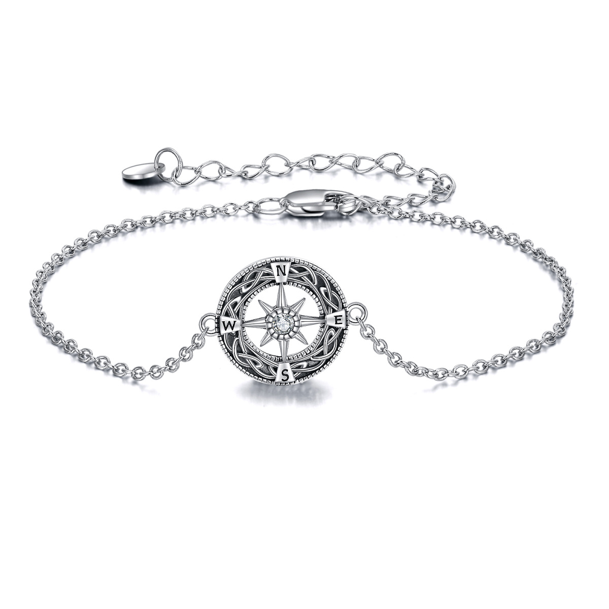 Pulsera de plata de ley con nudo celta y brújula de circonita cúbica-1