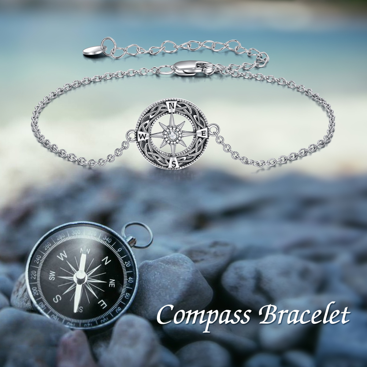 Sterling Silver Cubic Zirconia Celtic Knot & Compass Pendant Bracelet-3