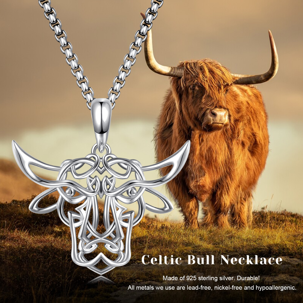 Sterling Silver Celtic Knot Cow Pendant Necklace-7