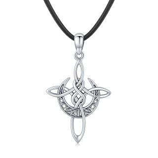 Sterling Silver Celtic Knot Cross with Crescent Moon Pendant Necklace-3