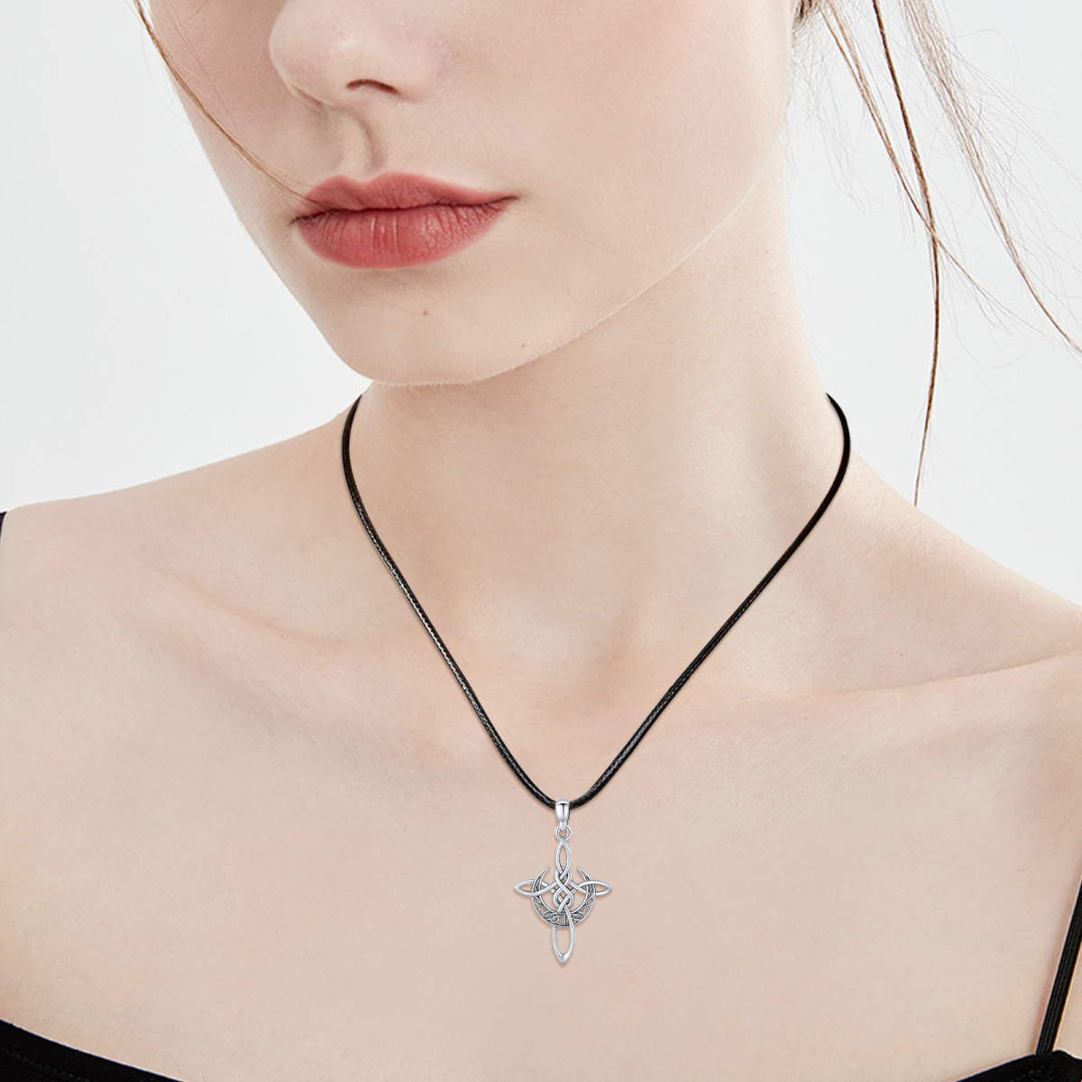 Sterling Silver Celtic Knot Cross with Crescent Moon Pendant Necklace-3