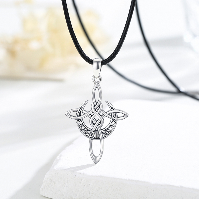 Sterling Silver Celtic Knot Cross with Crescent Moon Pendant Necklace-4