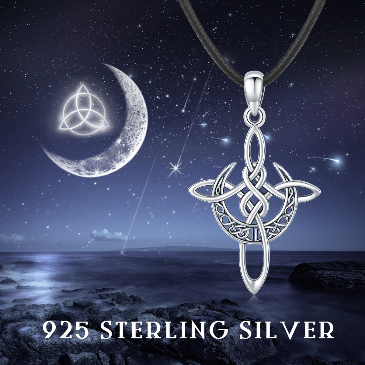 Sterling Silver Celtic Knot Cross with Crescent Moon Pendant Necklace-5