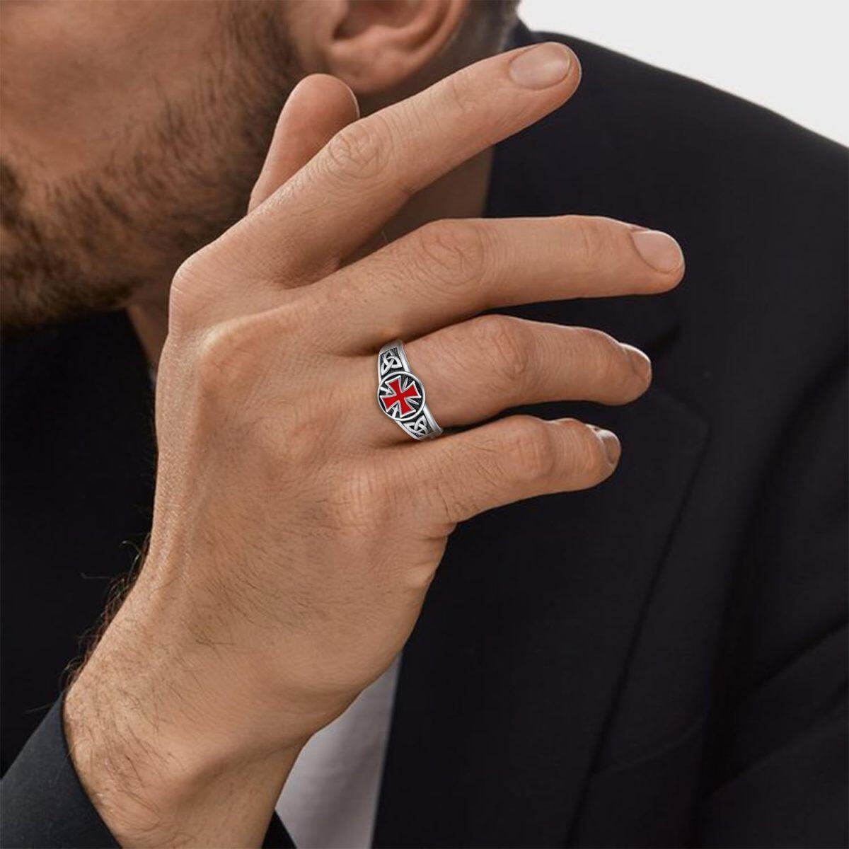 Bague ouverte en argent sterling avec nœud celtique et croix des Templiers pour homme-2